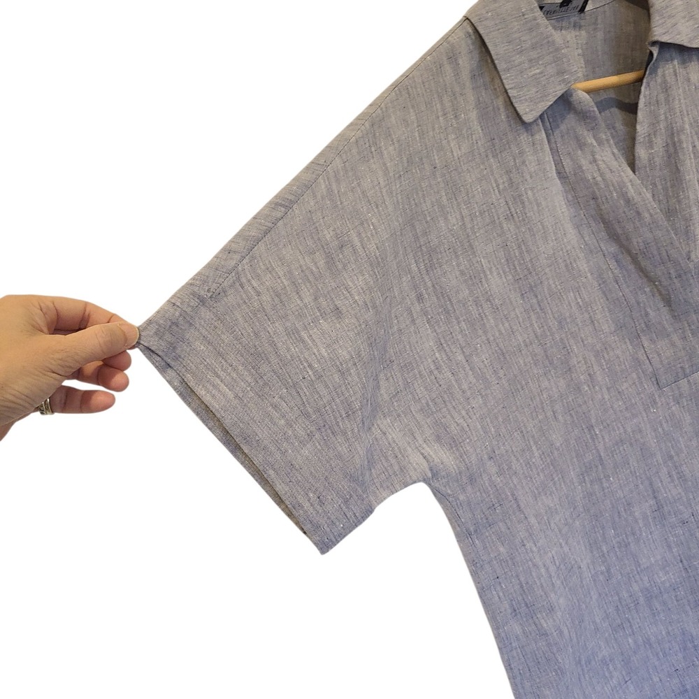 Lafayette 148 Blue Linen Popover Top‎ Small Oversized Loose Dolman Short Sleeves - Picture 3 of 8